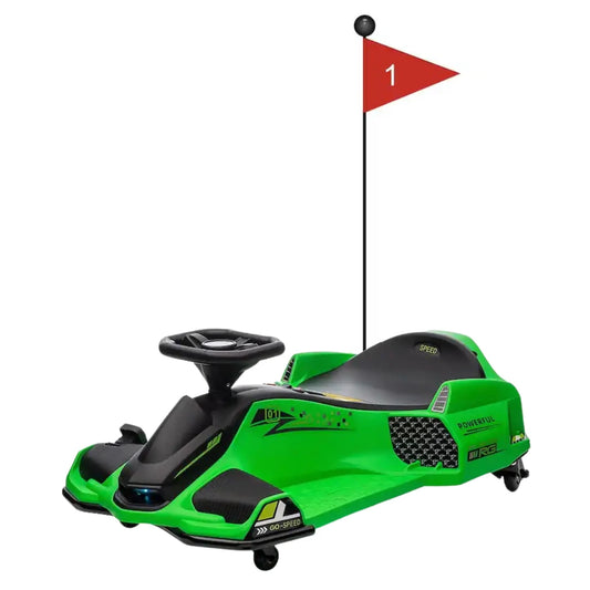Funstuff Drift Rider 360 24V green electric drift go kart with flag