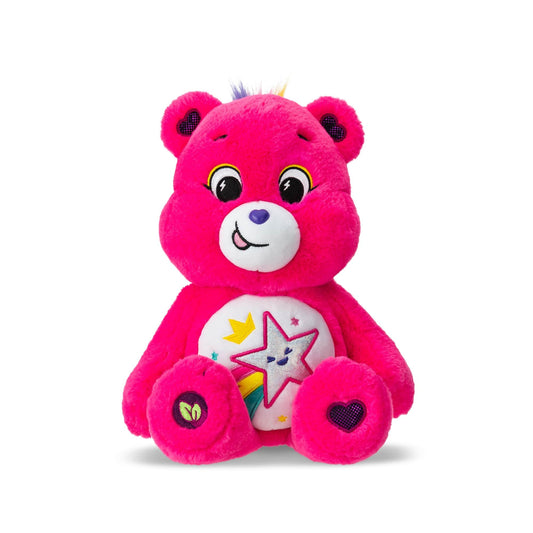 Care Bears Be Me Bear plush toy with silver heart belly badge and rainbow design