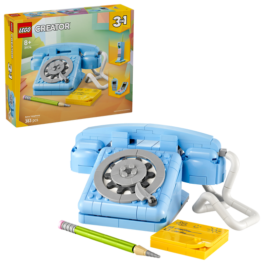 LEGO blue retro telephone with packaging in the background
