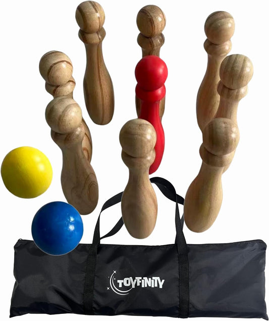 Toyfinity wooden bowling set with nine pins and two balls