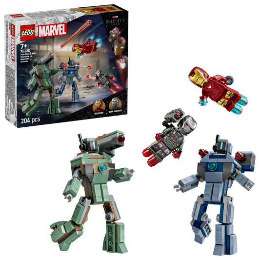 Four LEGO action figures with packaging in background
