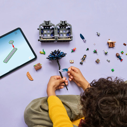 birds eye view of young child building black dahlia flower LEGO