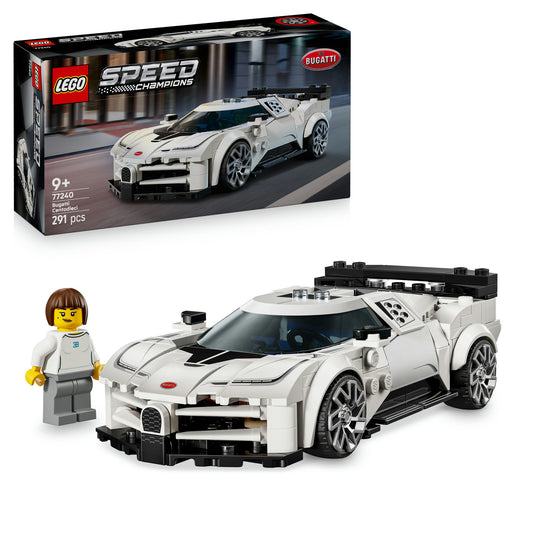 White LEGO car and figurine with packaging on a white background