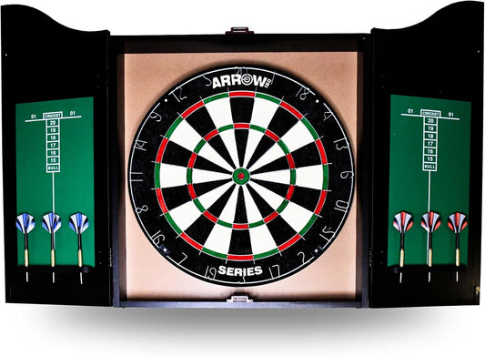 Arrow180 bristle dartboard in black cabinet with steel darts