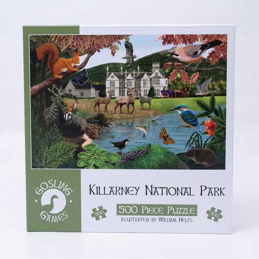 Gosling Games Killarney 500 piece jigsaw puzzle with illustrated Killarney National Park scenes