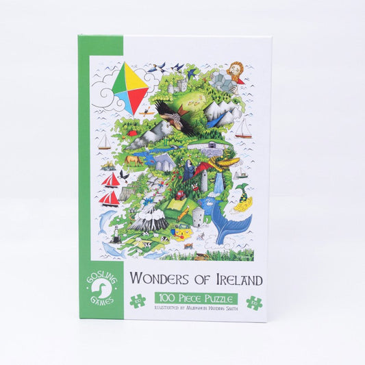 Gosling Games Wonders of Ireland 100 piece jigsaw puzzle box and illustrated map of Ireland