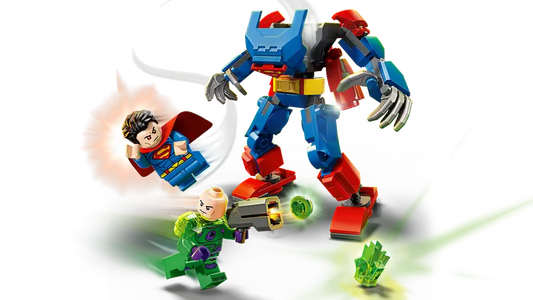 Fully assembled LEGO Superman mech and Lex Luthor minifigure.