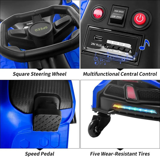 Close-up of Drift Rider 360 blue steering wheel, control panel, pedal and wheels