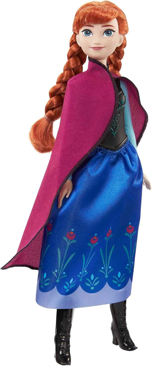 Mattel Disney Anna Frozen I doll in signature travel outfit with cape and shoes.