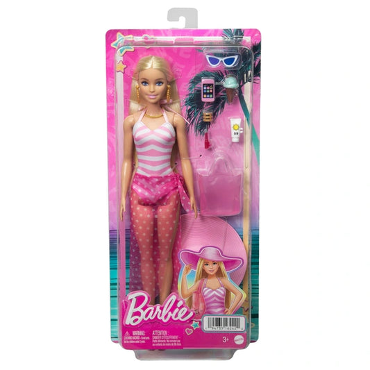 Blonde Barbie Doll with Swimsuit Beach-Themed wearing stylish cat-eye sunglasses and a golden necklace.