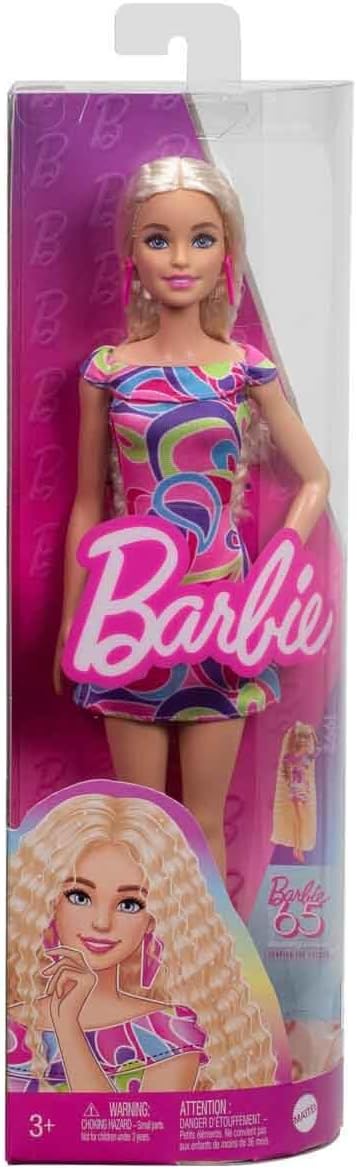 Barbie Fashionistas Doll #223 with blonde wavy hair, showcasing a stylish and trendy Totally Hair-inspired dress for Barbie fans.
