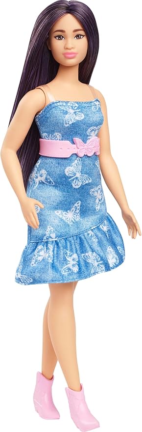Barbie Fashionistas Doll #231 featuring purple hair, dressed in a denim butterfly-print dress, pink belt, and boots.