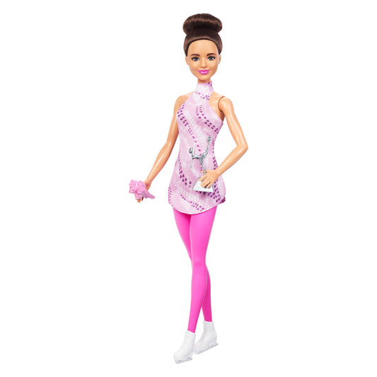 Barbie Figure Skater Fashion Doll wearing a pink costume and top bun, striking a graceful pose.