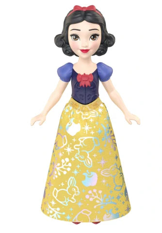 A posable Disney Princess Small Doll Snow White dressed in a vibrant, sparkling gown with matching shoes and a hairband.