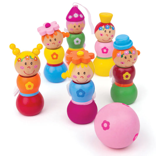 Fairy Skittles set featuring six wooden fairy pins and one bowling ball for endless fun.