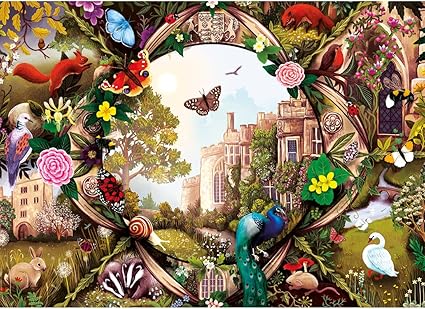 "Explore nature and history through the Gibsons - Haddon Hall 1000-piece jigsaw puzzle with majestic birds and flora."