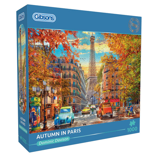 A peaceful Parisian street with an artist painting the scene in the Gibsons - Autumn in Paris 1000 Piece Jigsaw Puzzle.