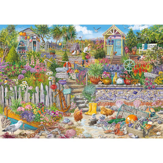 Enjoy assembling this charming 250XL piece puzzle of a garden complete with blooming flowers, playful hens, and a roaming cat, from Gibsons.