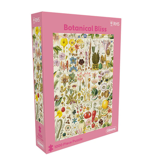 "Gibsons RHS Botanical Bliss 1000 Piece Puzzle with elegant botanical illustrations by Christian Gottlieb Geissler."