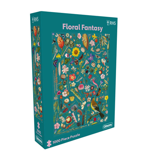 "Enjoy nature with the Gibsons - RHS Floral Fantasy puzzle, featuring diverse flowers and animals."