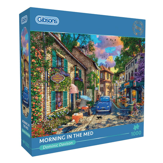 A stunning 1000-piece puzzle from Gibsons, illustrating a peaceful Mediterranean town in morning light.