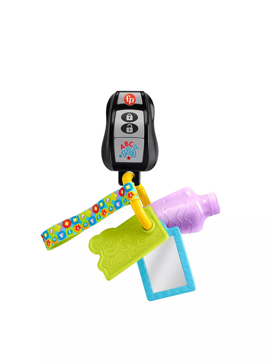 Fisher-Price Play & Go Activity Keys featuring a car key fob, squishy bottle, mirror, and teething toy for babies.