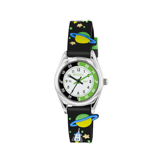 Tikkers Boys Green & Black Space Analogue Watch close view picture of the atch design