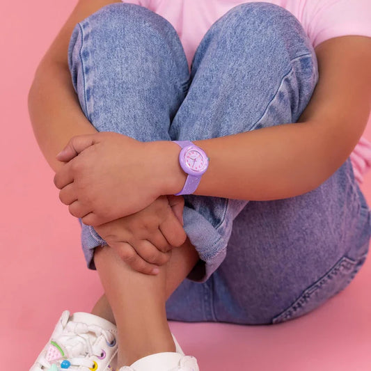 Tikkers Purple Glitter Strap Watch life style picture