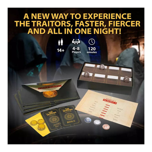 Graphic advertising the One Night of The Traitors: Castle of Lies Board Game, showing what is included and age recommended, players needed, and how much time the game will take