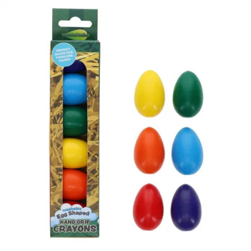 6 rainbow egg shaped crayons and packaging
