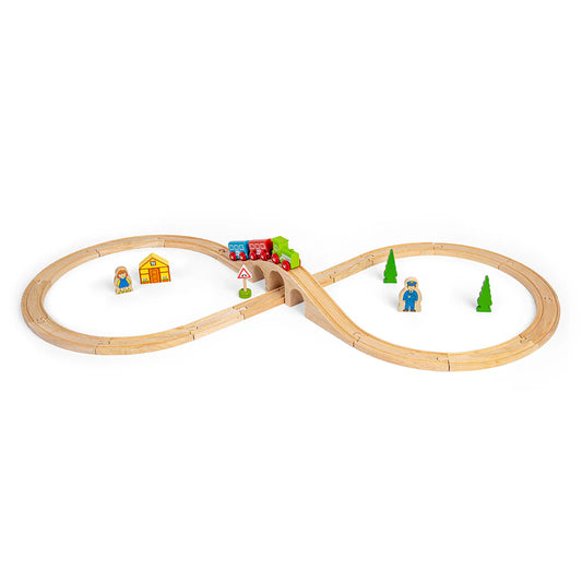 wooden figure of eight train set with wooden trains on white surface