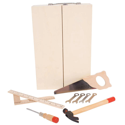 closed wooden tool kit containing miniature tools