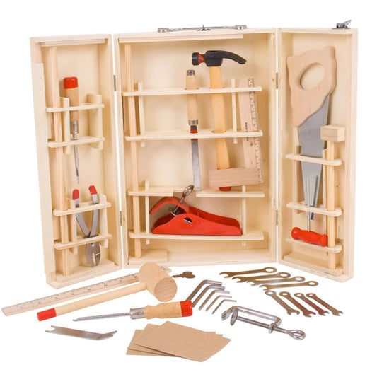 open wooden tool kit containing miniature tools