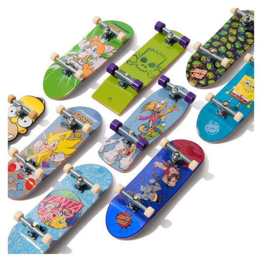 An assortment of finger skateboards with different cartoon characters against a white background.