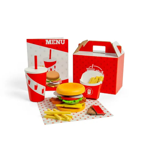 wooden burger and fries playset displayed on white surface with white background