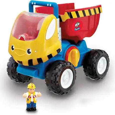 Dump truck toy and figurine on white background