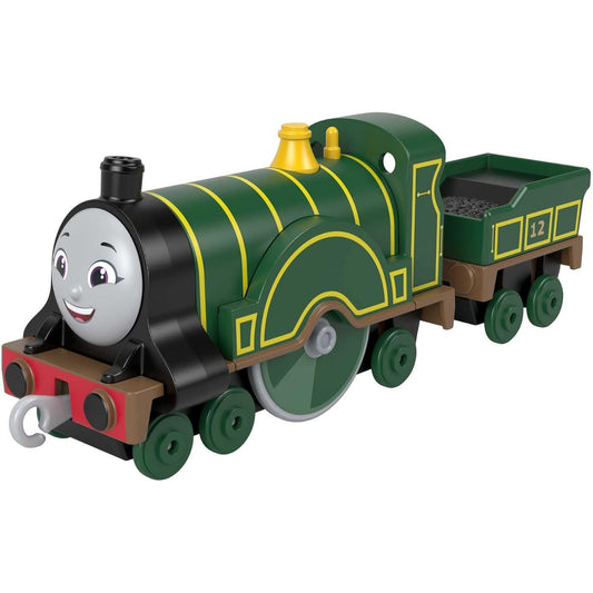 dark green and yellow train engine with extra car attachment on white background