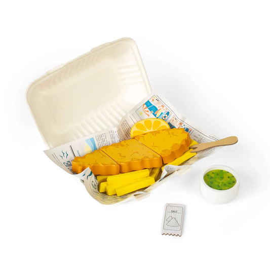 Wooden fish and chips playset displayed on white surface with white background