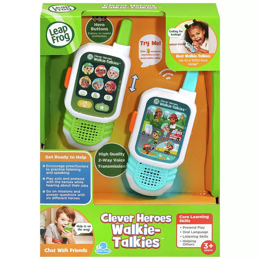 blue and green walkie talkies in packaging on white background