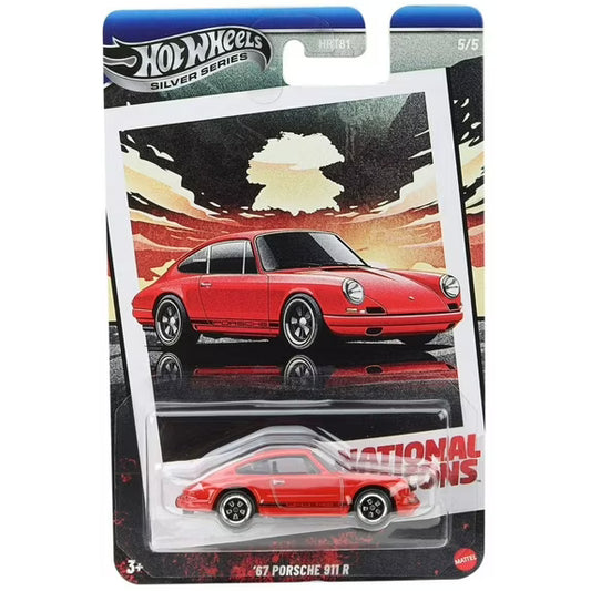 red vintage car model in blister packaging on white background