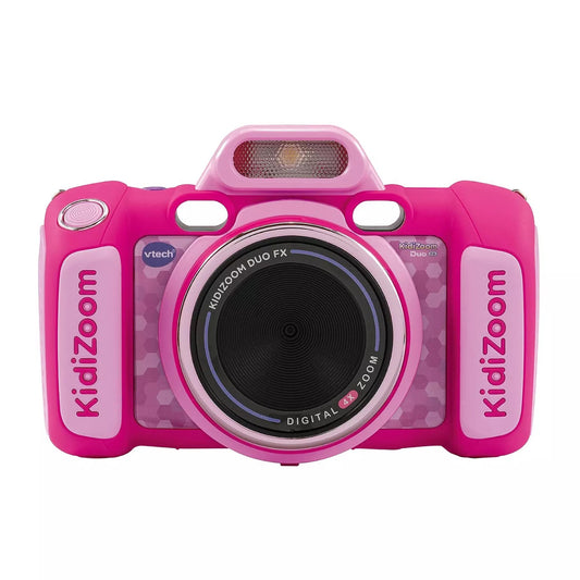 Bright pink kids camera on white background