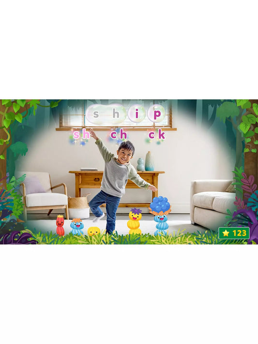 young boy in a living room dancing with special effects around him