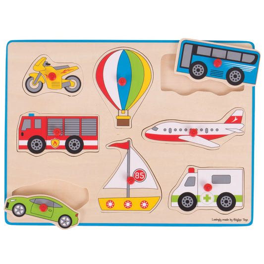 Lift out puzzle with transport vehicles