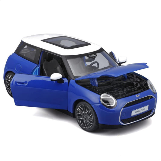 mini cooper toy car with open doors and bonnet