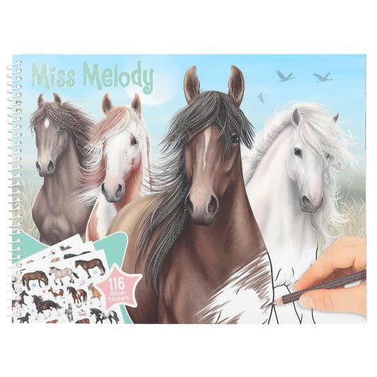 horse colouring book cover with hand holding a pencil