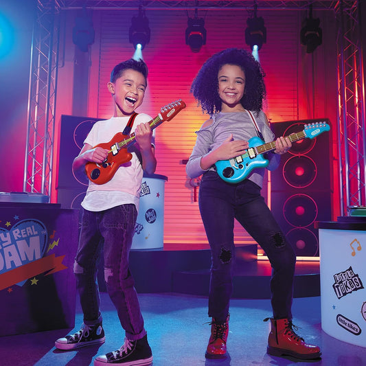 children playing with blue and red mini guitars
