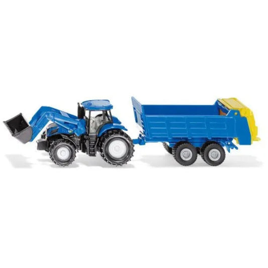 blue tractor model with front loader and manure spreader