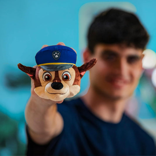 boy holding paw patrol mini plush