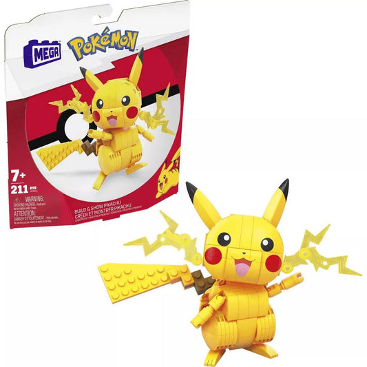 yellow build and show pikachu mini figure with packaging on white background
