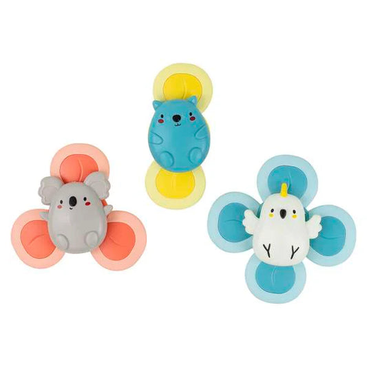 3 multi-coloured animal themed sensory spinners on white background